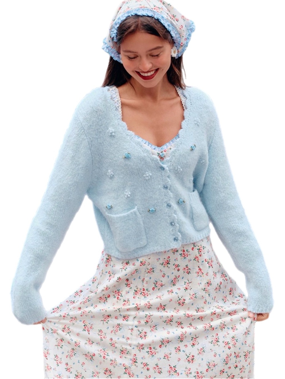 Light Blue Cropped Knit Cardigan Sweater